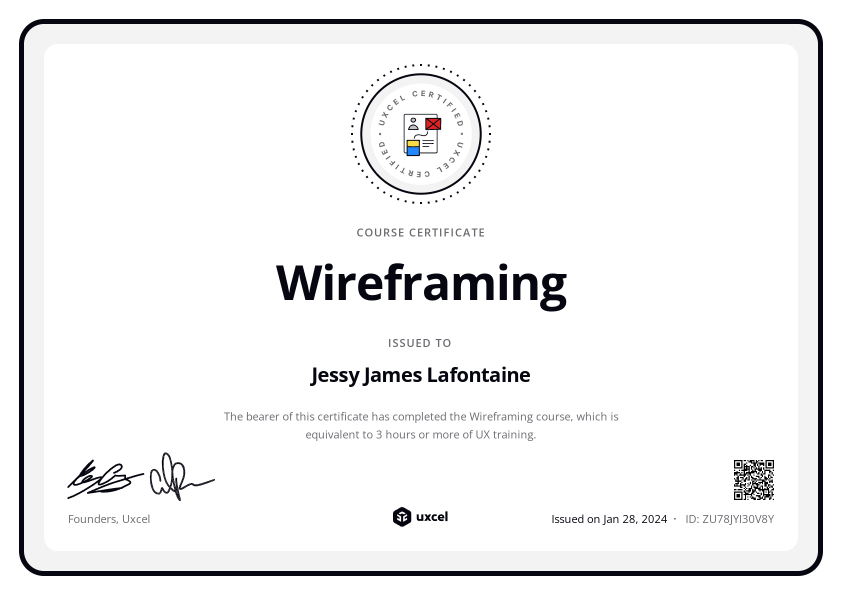 Jessy James Lafontaine's certificate